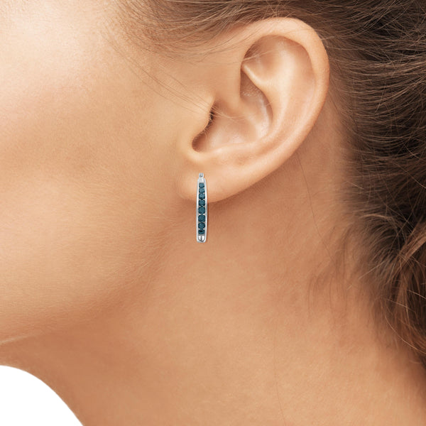 JewelonFire 1.00 Carat T.W. Blue Diamond Sterling Silver Hoop Earrings