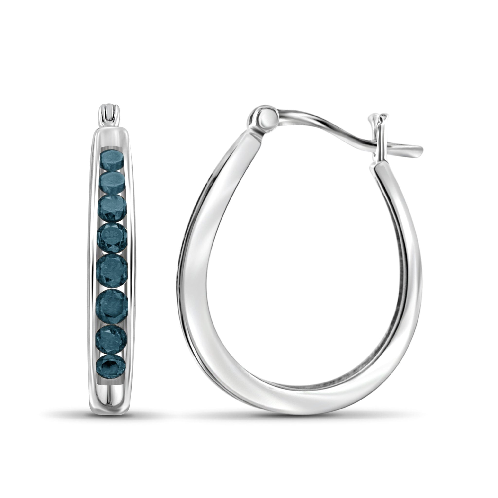 JewelonFire 1.00 Carat T.W. Blue Diamond Sterling Silver Hoop Earrings