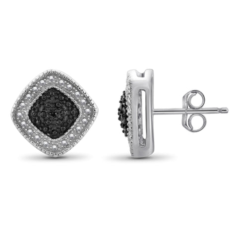 JewelonFire Accent Black Diamond Sterling Silver Cusion Shape Earrings