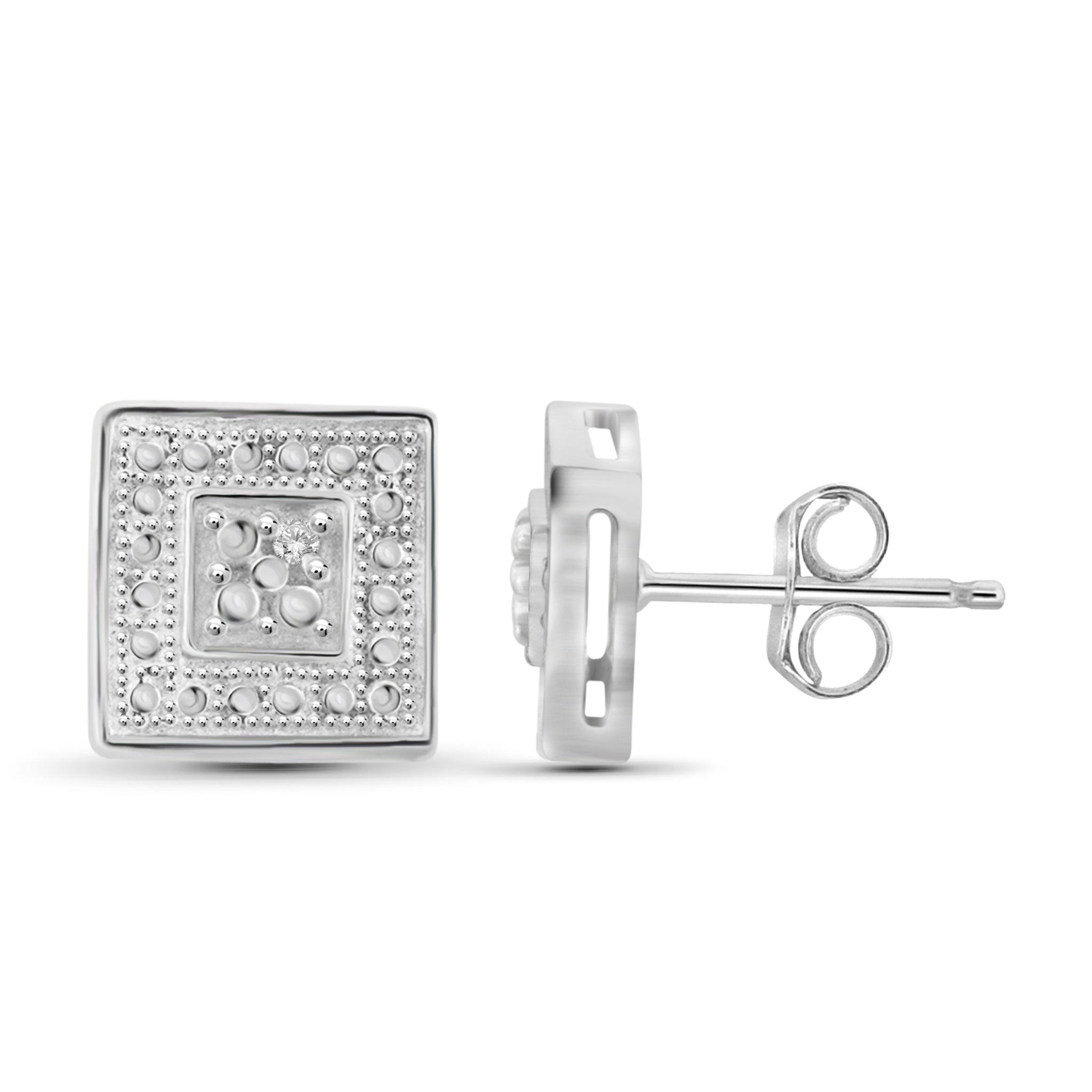 JewelonFire Accent White Diamond Square Sterling Silver Studs
