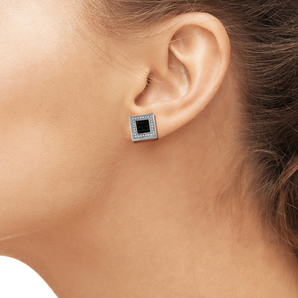 JewelonFire Accent Black Diamond Sterling Silver Square Shape Earrings