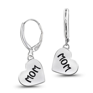 JewelonFire Sterling Silver "Mom" Engraved Heart Earrings - Assorted Colors