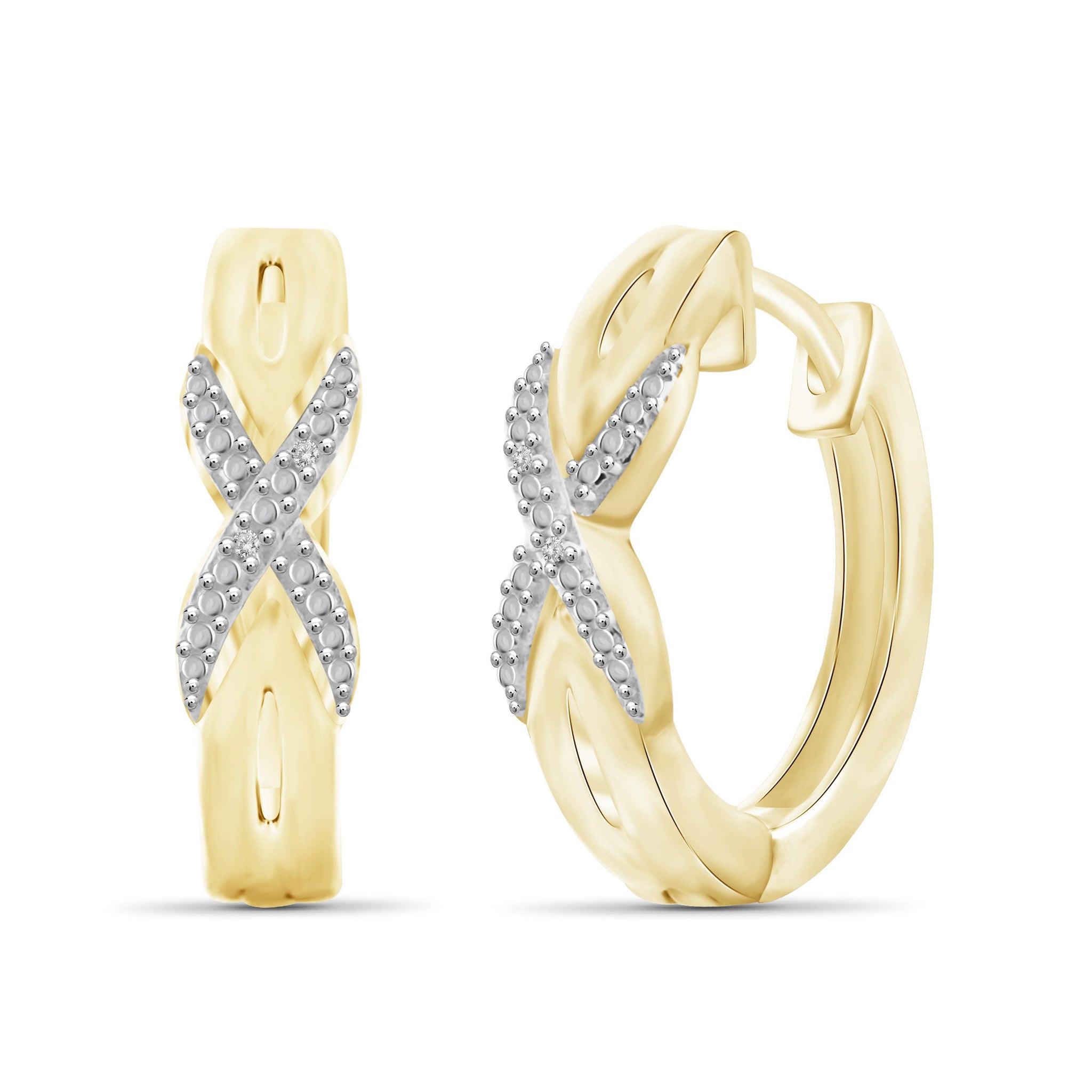 JewelonFire White Diamond Accent 14kt Gold Plated Brass "X" Hoop Earrings