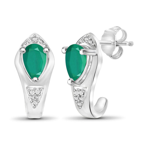 JewelonFire 1.20 Carat T.G.W. Emerald And Accent White Diamond Sterling Silver J Hoop Earrings - Assorted Colors