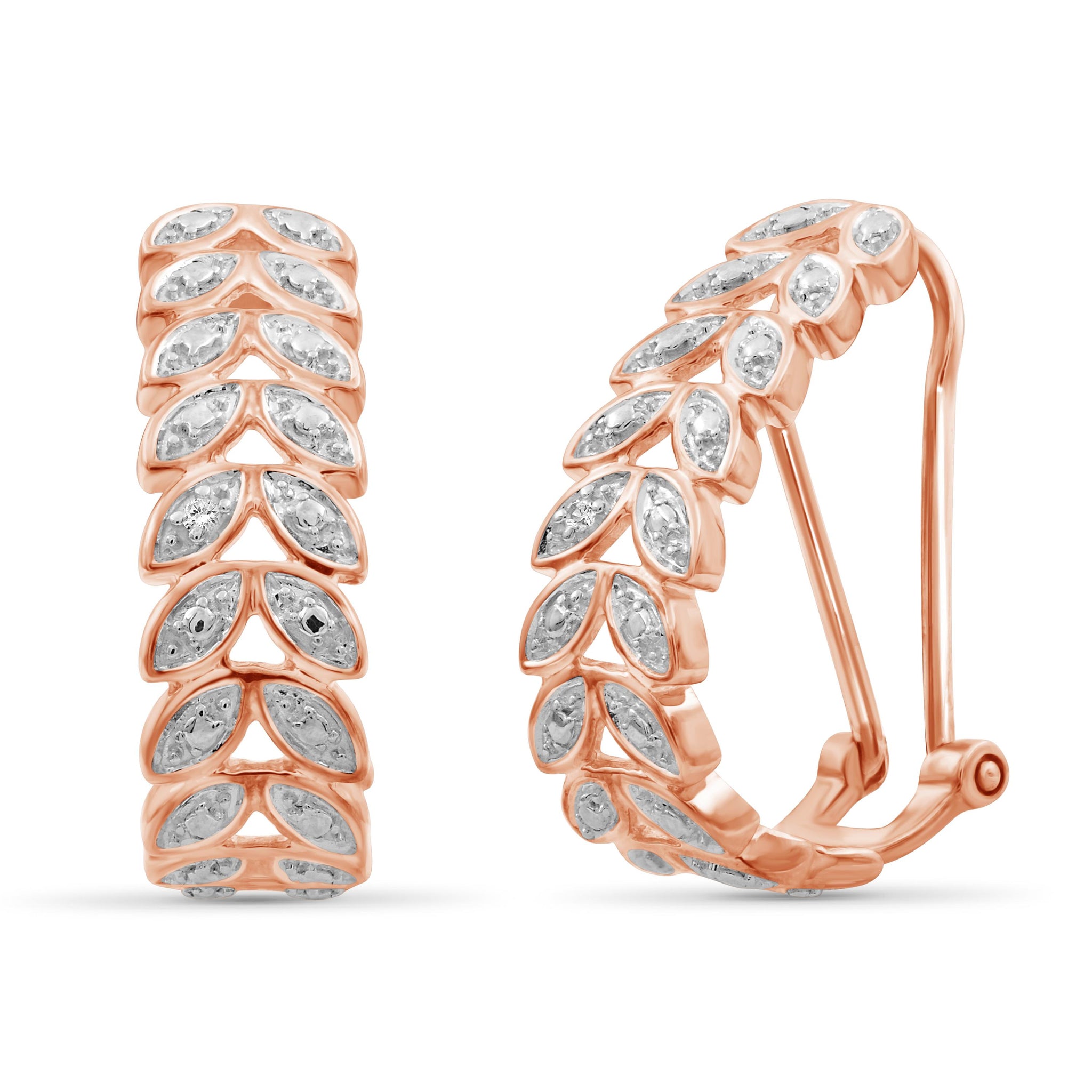 JewelonFire Accent White Diamond Rose Gold Over Silver Leaf Hoop Earrings