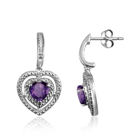 JewelonFire 3/4 Carat T.W. Amethyst And White Diamond Accent Sterling Silver Heart Earrings