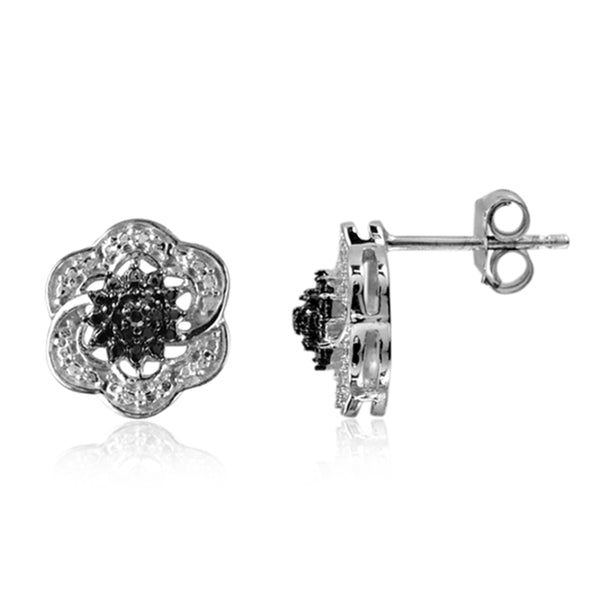 JewelonFire Accent Black Diamond Sterling Silver 3 Piece Flower Jewelry Set