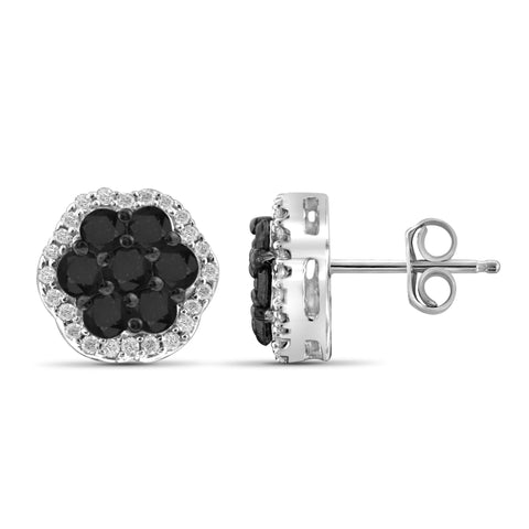 JewelonFire 1.00 Carat T.W. Black And White Diamond Sterling Silver Cluster Earrings