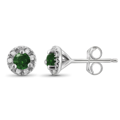 JewelonFire 1/4 Carat T.W. Green And White Diamond Sterling Silver Halo Earrings