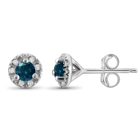 JewelonFire 1/4 Carat T.W. Blue And White Diamond Sterling Silver Halo Earrings