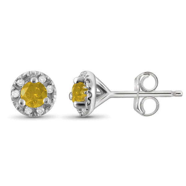 JewelonFire 1/4 Carat T.W. Yellow And White Diamond Sterling Silver Halo Earrings