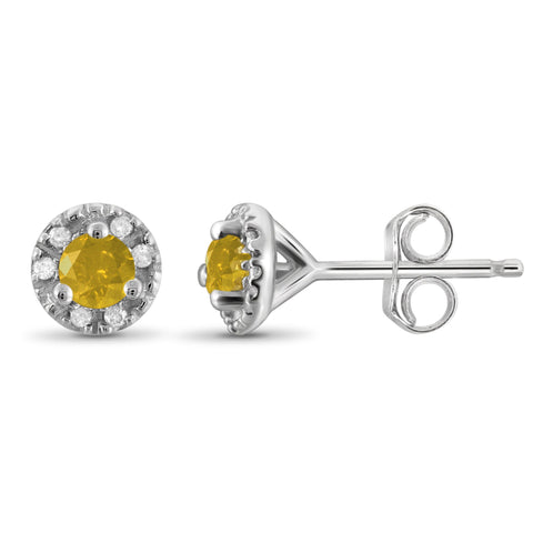 JewelonFire 1/4 Carat T.W. Yellow And White Diamond Sterling Silver Halo Earrings