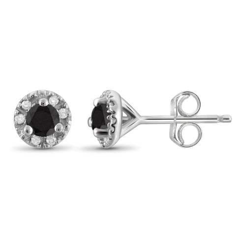 JewelonFire 1/4 Carat T.W. Black And White Diamond Sterling Silver Halo Earrings