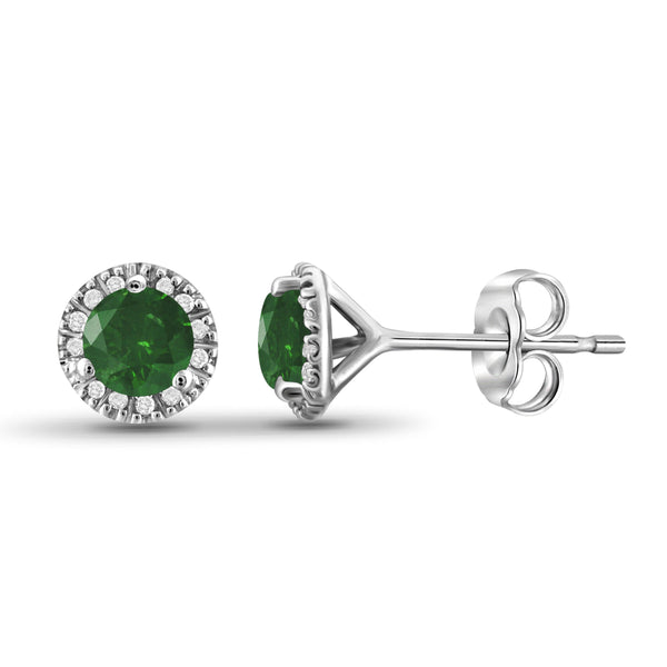 JewelonFire 1/2 Carat T.W. Green And White Diamond Sterling Silver Halo Earrings