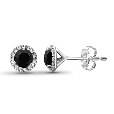 JewelonFire 1/2 Carat T.W. Black And White Diamond Sterling Silver Halo Earrings