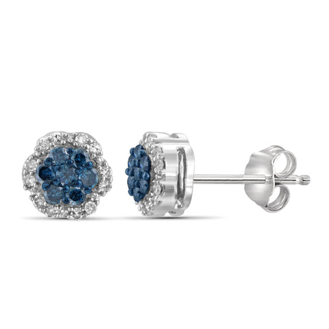 JewelonFire 1/4 Carat T.W. Blue And White Diamond Sterling Silver Cluster Earrings