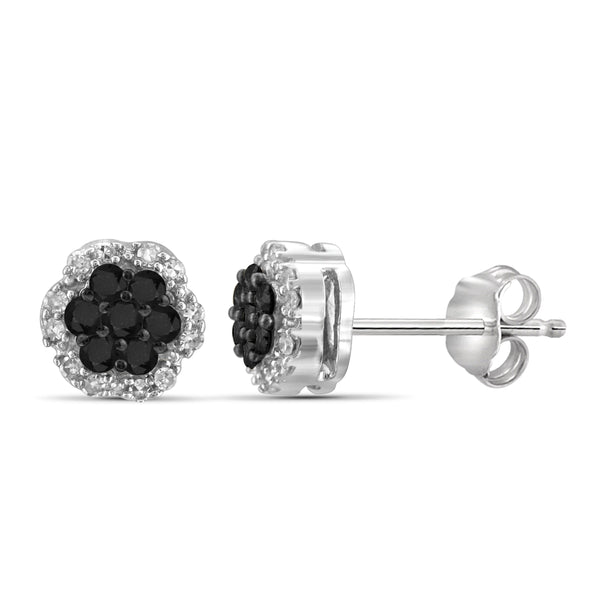 JewelonFire 1/4 Carat T.W. Black And White Diamond Sterling Silver Cluster Earrings