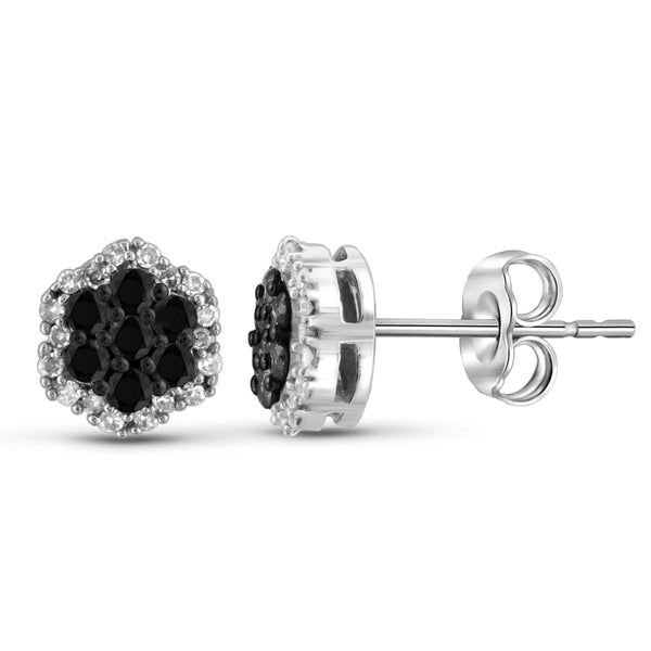 JewelonFire 1/2 Carat T.W. Black And White Diamond Sterling Silver Cluster Earrings