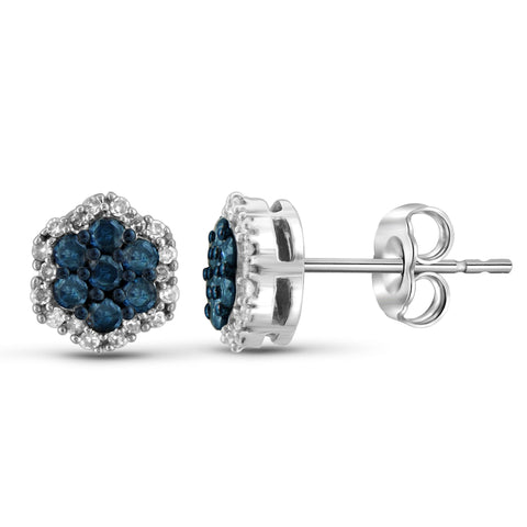 JewelonFire 1/2 Carat T.W. Blue And White Diamond Sterling Silver Cluster Earrings