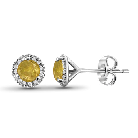 JewelonFire 1/2 Carat T.W. Yellow And White Diamond Sterling Silver Halo Earrings