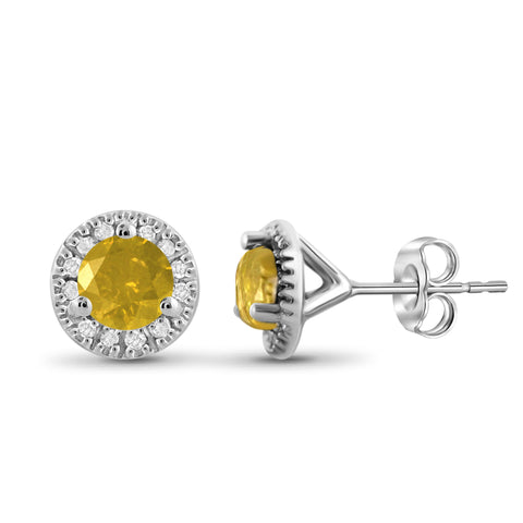 JewelonFire 1.00 Carat T.W. Yellow And White Diamond Sterling Silver Halo Earrings