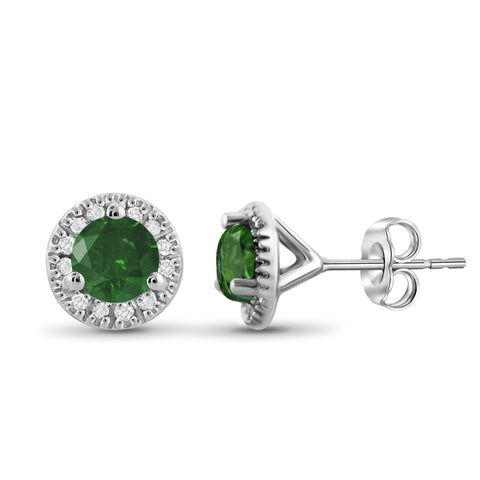 JewelonFire 1.00 Carat T.W. Green And White Diamond Sterling Silver Halo Earrings