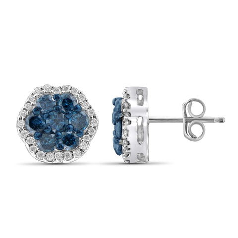 JewelonFire 1.00 Carat T.W. Blue And White Diamond Sterling Silver Cluster Earrings