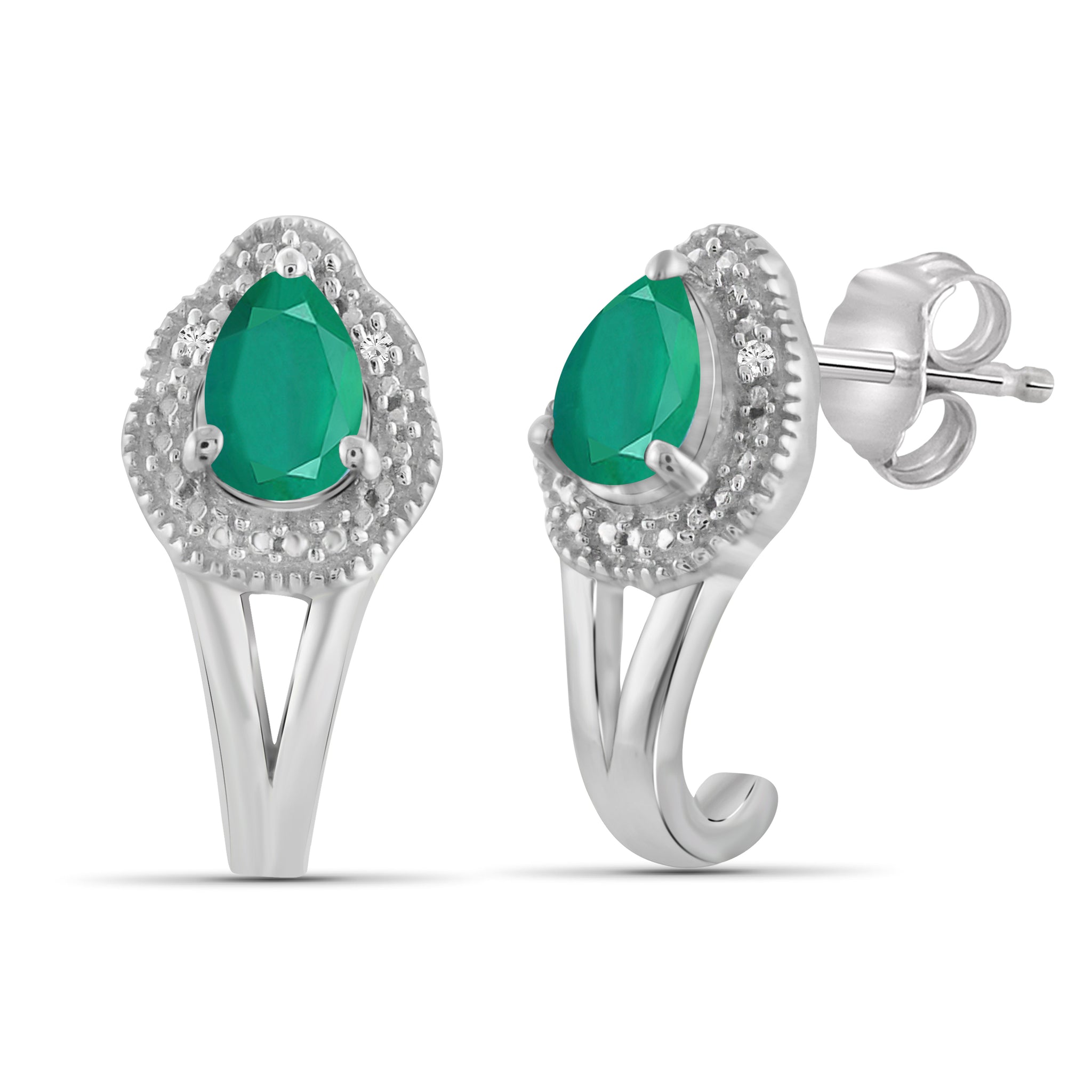 JewelonFire 1.20 Carat T.G.W. Genuine Emerald And Accent White Diamond Sterling Silver J-Hoop Earrings - Assorted Colors