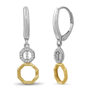 JewelonFire 1/10 Carat T.W. White Diamond Two Tone Silver Octagon Earrings