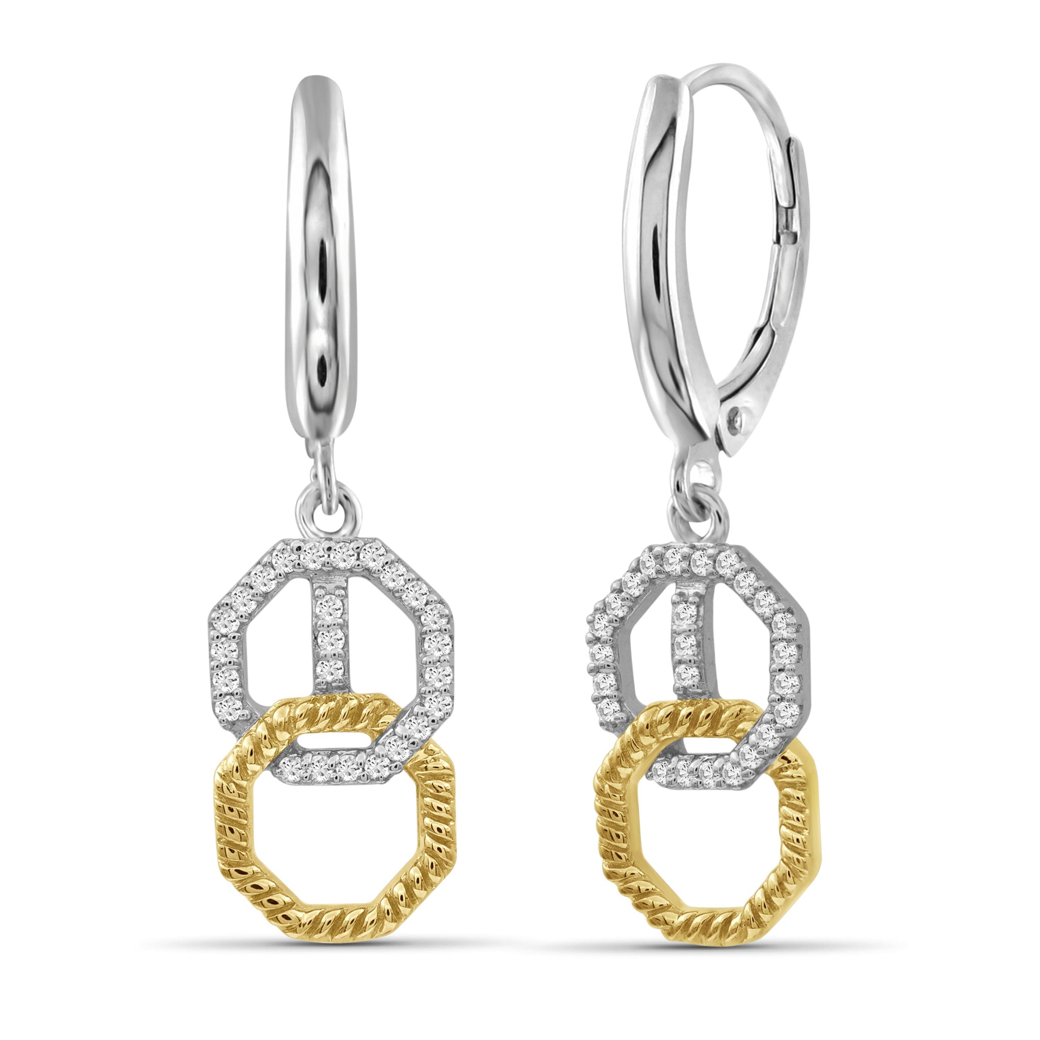 JewelonFire 1/7 Carat T.W. White Diamond Two Tone Silver Octagon Earrings