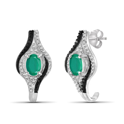 JewelonFire 0.75 Carat T.G.W. Genuine Emerald And Accent Black & White Diamond Sterling Silver J-Hoop Earrings - Assorted Colors
