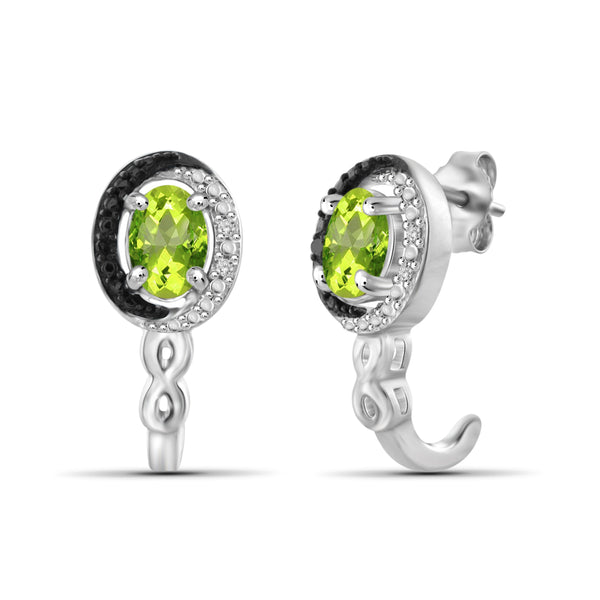 JewelonFire 1.00 Carat T.G.W. Peridot And Black & White Diamond Accent Sterling Silver J Hoop Earrings - Assorted Colors