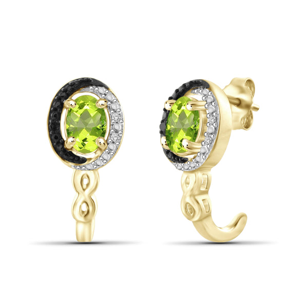 JewelonFire 1.00 Carat T.G.W. Peridot And Black & White Diamond Accent Sterling Silver J Hoop Earrings - Assorted Colors