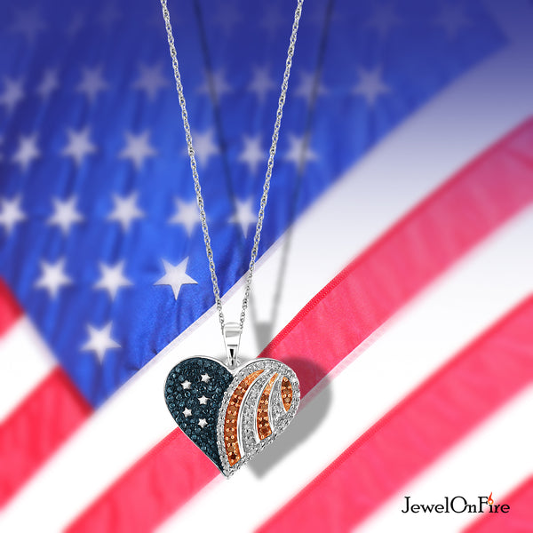 JewelonFire 1/3 Carat T.W. Multi Color Diamond Sterling Silver American Flag Heart Pendant