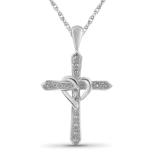 JewelonFire Accent White Diamond Heart Cross Pendant in Sterling Silver