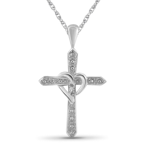 JewelonFire Accent White Diamond Heart Cross Pendant in Sterling Silver