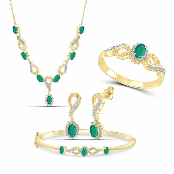 JewelonFire 2.90 Carat T.G.W. Emerald And 1/10 Carat T.W. White Diamond Sterling Silver 4 Piece Jewelry Set - Assorted Colors