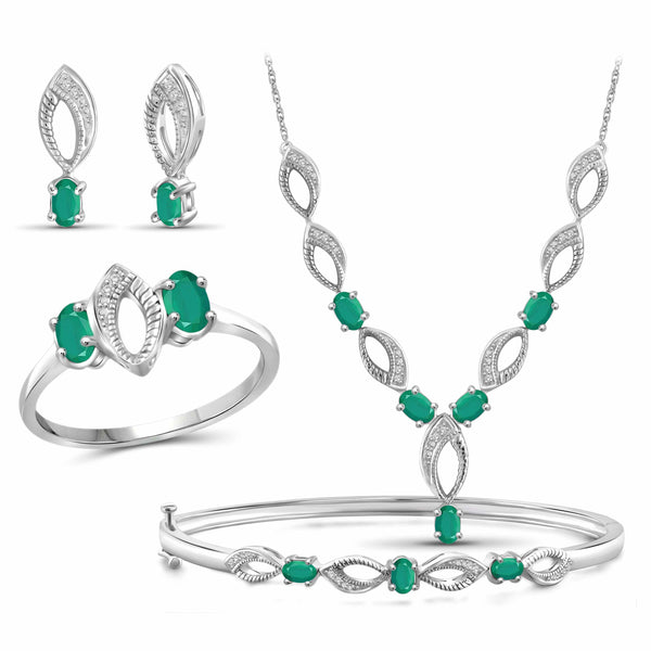 JewelonFire 2.70 Carat T.G.W. Emerald And 1/10 Carat T.W. White Diamond Sterling Silver 4 Piece Jewelry Set - Assorted Colors