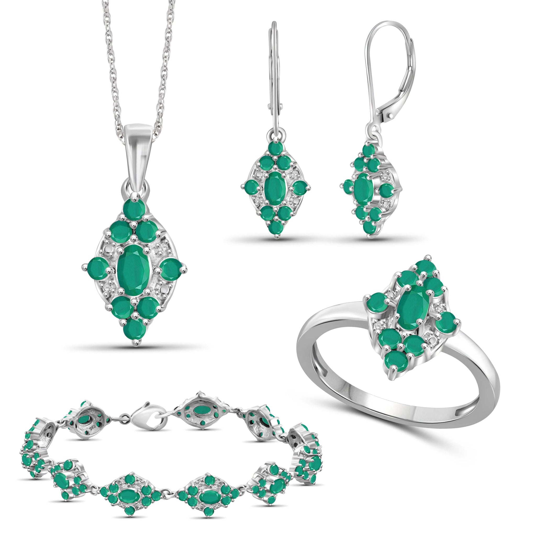JewelonFire 10.60 Carat T.G.W. Emerald And 1/20 Carat T.W. White Diamond Sterling Silver 4 Piece Jewelry Set - Assorted Colors