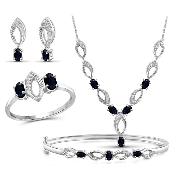 JewelonFire 3.80 Carat T.G.W. Sapphire And 1/10 Carat T.W. White Diamond Sterling Silver 4 Piece Jewelry Set - Assorted Colors