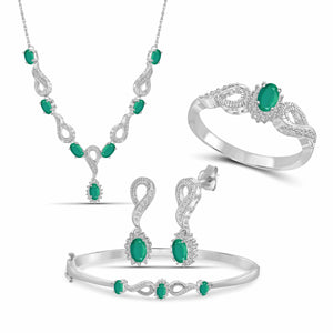JewelonFire 2.90 Carat T.G.W. Emerald And 1/10 Carat T.W. White Diamond Sterling Silver 4 Piece Jewelry Set - Assorted Colors