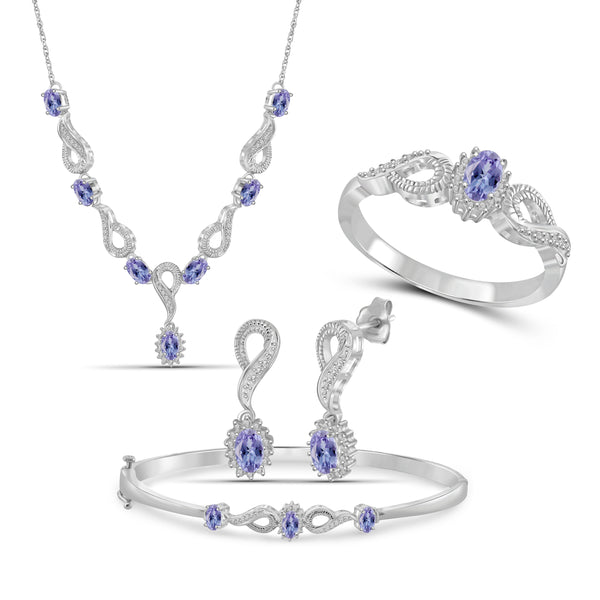 JewelonFire 3.10 Carat T.G.W. Tanzanite And 1/10 Carat T.W. White Diamond Sterling Silver 4 Piece Jewelry Set - Assorted Colors