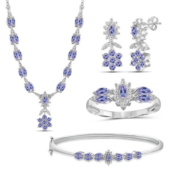 JewelonFire 3.70 Carat T.G.W. Tanzanite And 1/10 Carat T.W. White Diamond Sterling Silver 4 Piece Jewelry Set - Assorted Colors