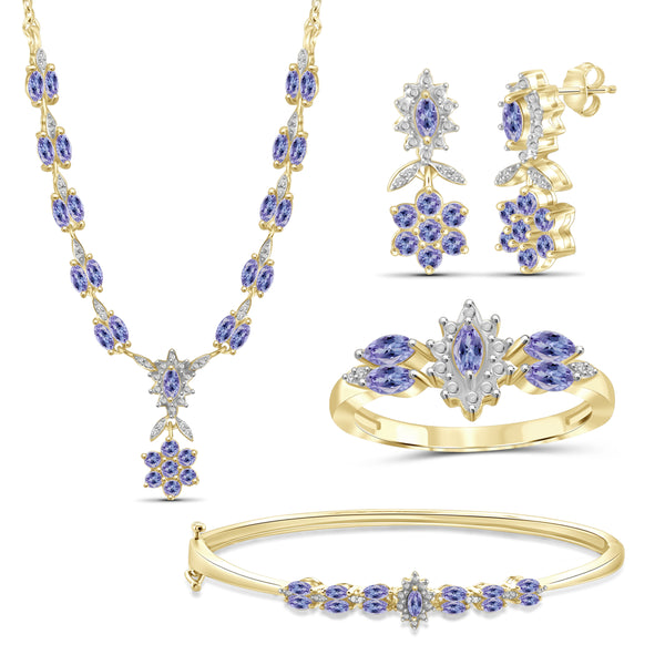 JewelonFire 3.70 Carat T.G.W. Tanzanite And 1/10 Carat T.W. White Diamond Sterling Silver 4 Piece Jewelry Set - Assorted Colors