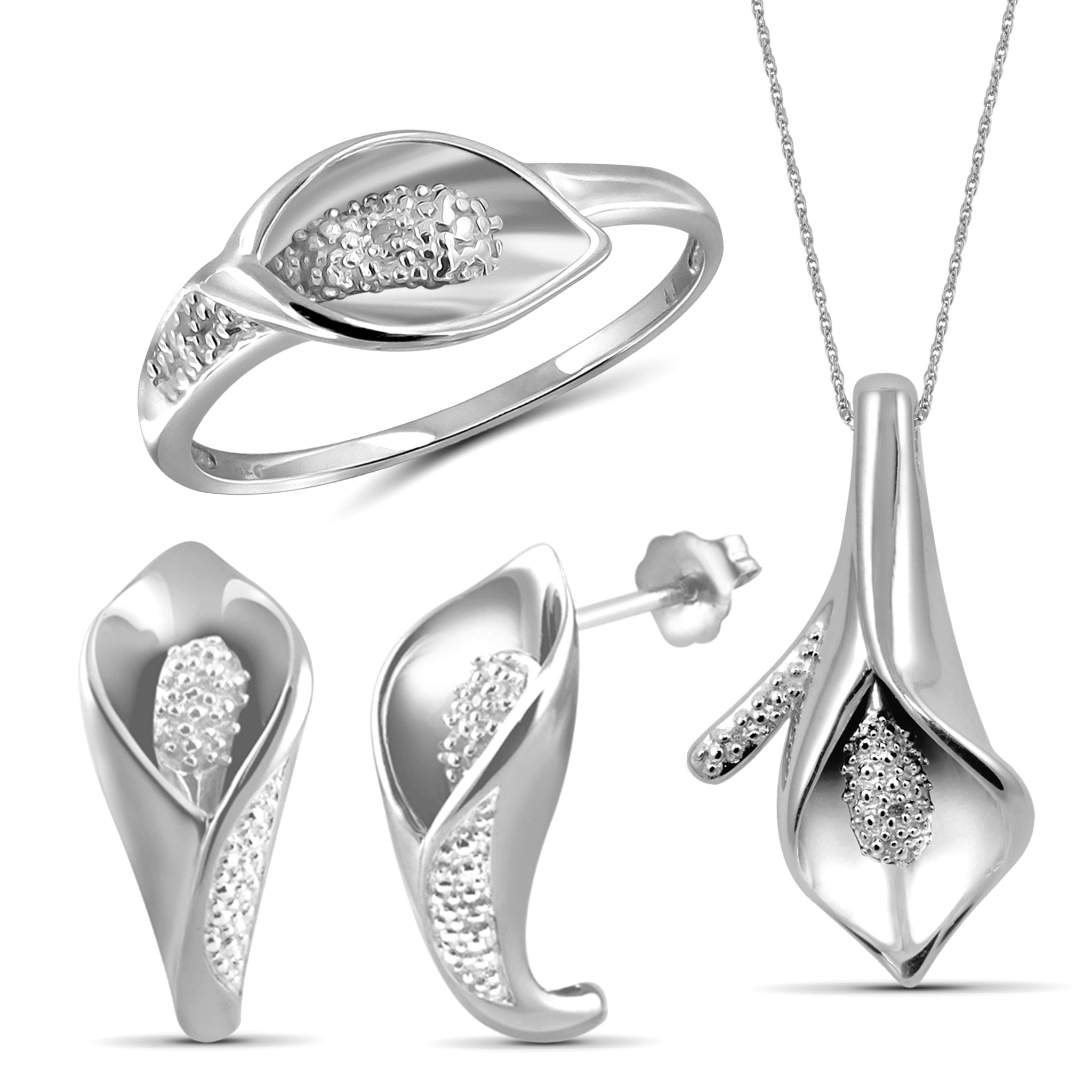 JewelonFire 1/20 Carat T.W. White Diamond Sterling Silver 3 Piece Calla Lily Jewelry Set - Assorted Colors