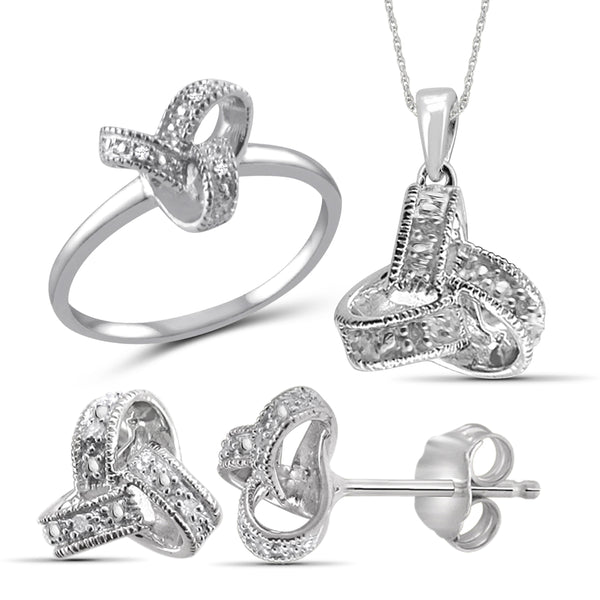 JewelonFire 1/20 Carat T.W. White Diamond Sterling Silver 3 Piece Love Knot Jewelry Set - Assorted Colors