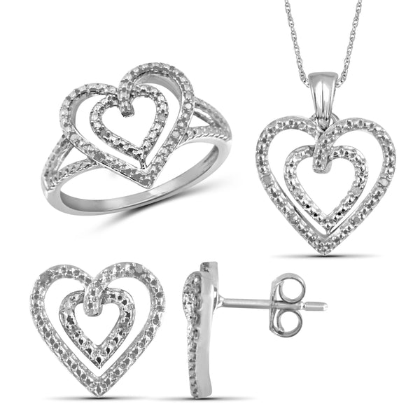 JewelonFire 1/10 Carat T.W. White Diamond Sterling Silver 3 Piece Open Heart Jewelry Set - Assorted Colors