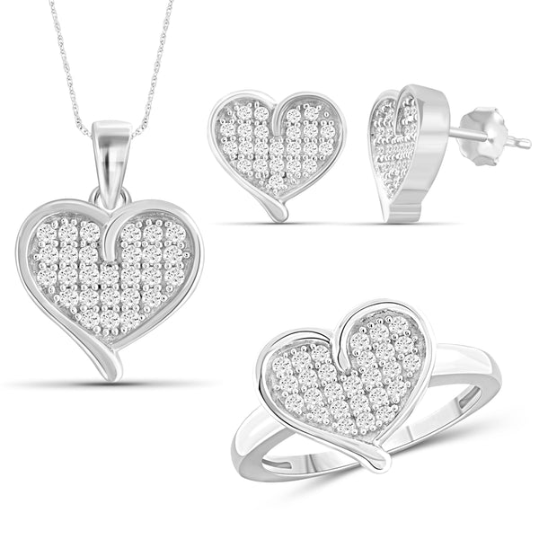JewelonFire 1.00 Carat T.W. White Diamond Sterling Silver 3 Piece Heart Jewelry Set - Assorted Colors