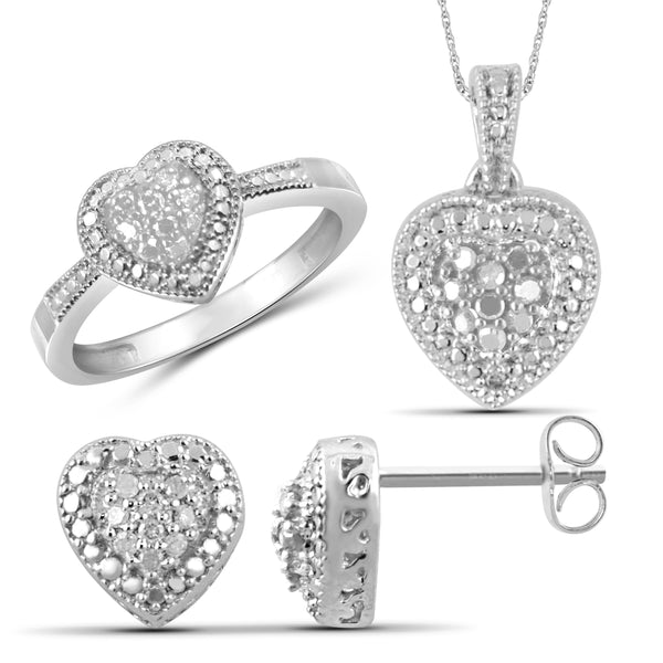 JewelonFire 1/3 Carat T.W. White Diamond Sterling Silver 3 Piece Heart Jewelry Set - Assorted Colors