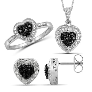 JewelonFire 1/20 Carat T.W. Black Diamond Sterling Silver 3 Piece Heart Jewelry Set